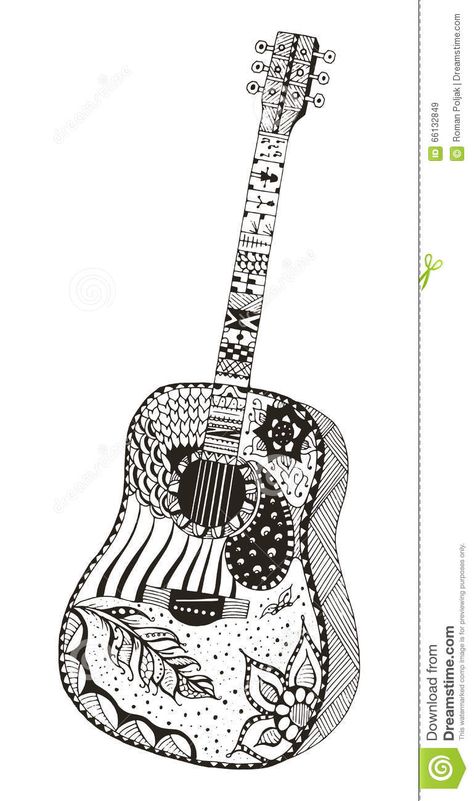 Stylized Design Drawing, Guitar Zentangle Art, Guitar Doodle Art, Zentangle Guitar, Guitar Mandala Art, Acoustic Guitar Drawing, Zantangle Art, Tattoo Coloring Book, Guitar Drawing