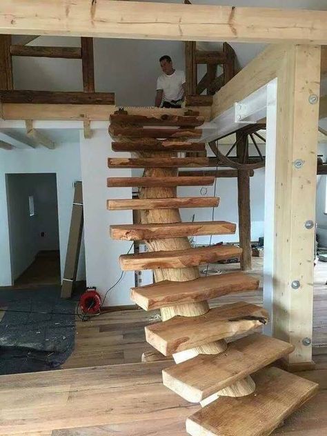 Rustic Staircase, Rustic Stairs, Wooden Staircase, Parts Of Stairs, Stairway Design, Log Furniture, Wooden Stairs, Wood Stairs, In Front Of House