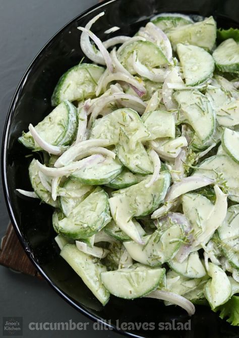 Cucumber Dill Salad with Buttermilk Dressing | Healthy Indian Salads Jinoo's Kitchen Ranch Cucumber Salad, Dill Ranch, Cucumber Health Benefits, Dill Salad, Cucumber Dill Salad, Indian Salads, Dressing Healthy, Cucumber Benefits, Buttermilk Dressing