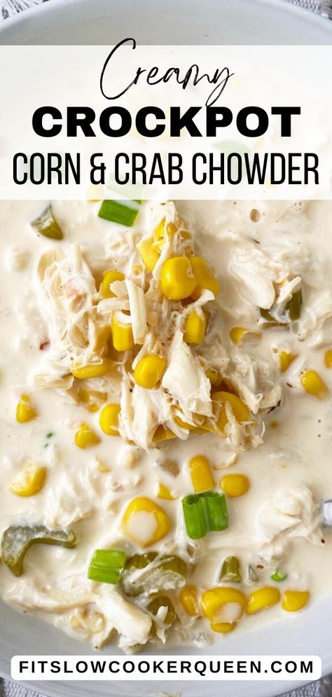 Creamy Crockpot Corn & Crab Chowder is prepared using corn, lump crab meat, and Cajun seasonings star in this simple seafood chowder recipe. This easy corn chowder recipe calls for frozen or canned corn. Personally, I used canned corn, but fresh would likely work if cooked, first. Make this a heartier chowder by adding 8 ounces of chopped potatoes. Creamy Crockpot Corn, Crab Stew Recipe, Corn And Crab Chowder, Corn Chowder Crockpot, Corn Chowder With Ham, Crab And Corn Bisque, Crab And Corn Soup, Crab Chowder Recipes, Crab And Corn Chowder