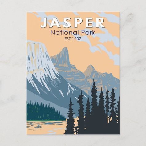 Jasper National Park Canada Travel Art Vintage Postcard Jasper National Park Canada, Jasper Park, National Parks America, Vintage Postcards Travel, Canada National Parks, Vector Art Design, Jasper National Park, Postcard Art, Park Art