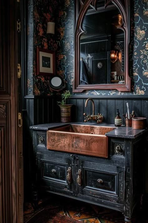 Victorian Gothic Bathroom Ideas, Stunning Master Bathrooms, Mirror In Bathroom Ideas, Dark Cottage Bathroom, Western Gothic Bathroom, Dark Victorian Bathroom, Cool Bathroom Vanity, Dark Vanity Bathroom Ideas, Victorian Bathroom Vanity