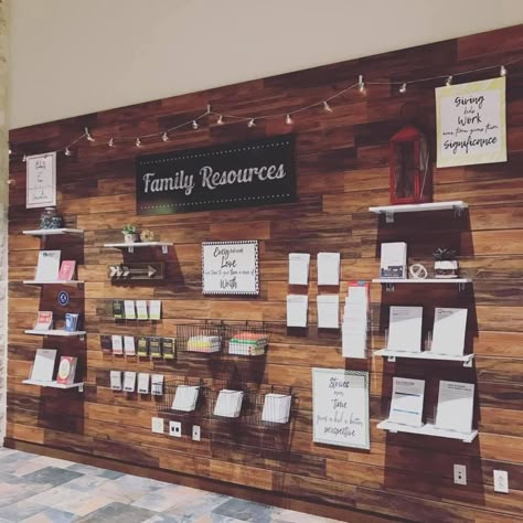 Resource Wall Ideas, Church Resource Wall, Unity Aesthetic, Church Information Wall, Church Welcome Center Ideas, Kids Church Stage, Info Wall, Church Marketing Ideas, Church Lobby Design