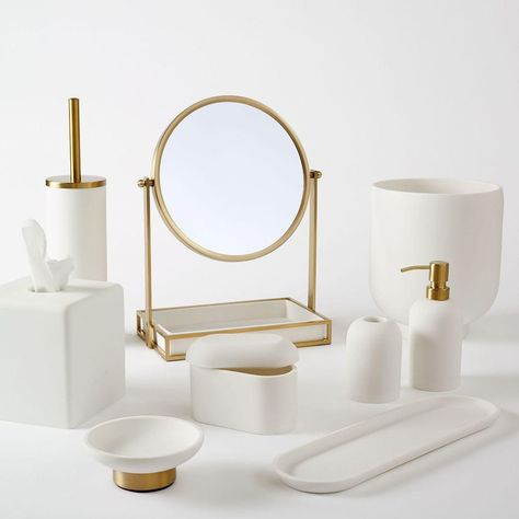 Modern Resin Stone Bathroom Accessories | west elm Canada White And Gold Bath Accessories, Bathroom Accessories Gold, Bathroom Sets Bath Accessories Modern, Bathroom Decor Inspo Luxe, White And Gold Bathroom Accessories, Stone Toothbrush Holder, Bathroom Styling Modern, Bathroom Sets Bath Accessories Gold, Master Bathtub Decor Modern