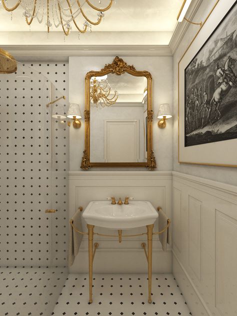 Elegant Vintage Bathroom, Classy Powder Room, French Bistro Bathroom, European Powder Room, Classy Bathroom Ideas, Parisian Bathroom French Style, Vintage Washroom, Palace Bathroom, Classy Mirror