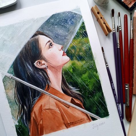 Rainy Season Drawing Watercolour, Rain Drawing Watercolor, Rainy Day Drawing Watercolors, Drawing Of Rain, Rainy Day Painting, Rain Drawing, Wind Drawing, Girl In Rain, Eyes Images