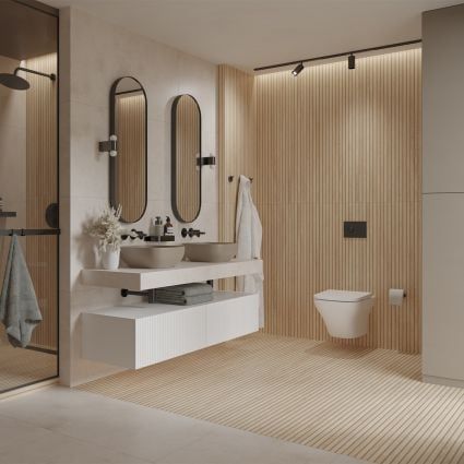 Wood Panel Bathroom, Paneling Design, Scandinavian Bathroom Design, Large Floor Tiles, Small Bathroom Inspiration, Porcelain Tile Bathroom, Wood Floor Bathroom, Scandinavian Tile, Wood Panelling