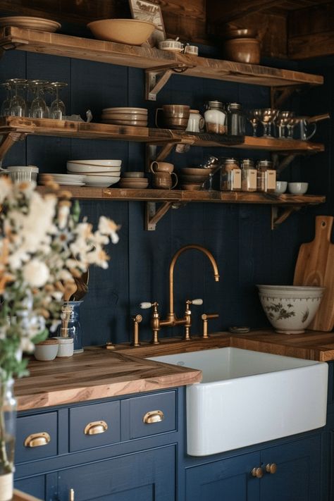 Discover 41+ Ways to Style a Dark Blue Kitchen for Modern Homes Blue And Wood Kitchen Ideas, Dark Blue And Wood Kitchen, Dark Blue Kitchen, Dark Blue Kitchens, White Upper Cabinets, Kitchen Pop, Navy Blue Kitchen, Kitchen 2024, Kitchen Blue