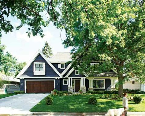 New house colors. Blue cement board siding, mahogany doors, black windows and hardware and white trim. Beautiful. Blue Home Exterior, Navy Blue Houses, Exterior Paint Schemes, Navy Houses, Blue Siding, Exterior House Color, Shingle Exterior, Exterior Paint Colors For House, Traditional Exterior