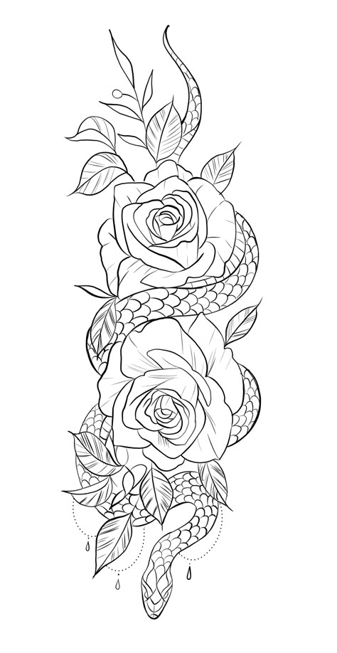 Snake Roses Tattoo Design, Snake With Roses Tattoo, Snakes And Roses Tattoo, Forearm Tattoo Women Design, Flower Hip Tattoo Thigh Piece Stencil, Snake And Flower Tattoos For Women, Snake Leg Tattoos Women, Rose With Snake Tattoo, Girly Sleeve Tattoo Ideas