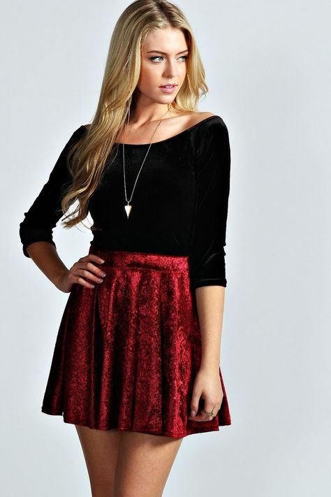 this seems a bit fancy for me but I just think its really pretty Red Velvet Skirt Outfit, Velvet Skirt Outfit, Red Velvet Skirt, Velvet Skater Skirt, Black Dress Outfit Casual, Velvet Skater Dress, Outfit Holiday, Skirts Outfits, Velvet Christmas