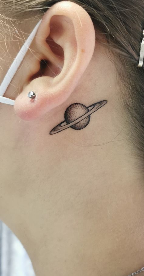 Saturn And Jupiter Tattoo, Saturn Tattoo Behind Ear, Simple Saturn Tattoo, Nasa Tattoo, Rocket Ship Tattoo, Positive Tattoos, Spaceship Tattoo, Artist Space, Planet Tattoo