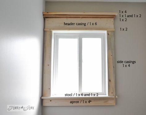 Make easy farmhouse window trim with stock lumber! Funky Junk Interiors Farmhouse Window Trim, Farmhouse Trim, Farmhouse Window, Window Molding, Window Casing, Rustic Window, Funky Junk Interiors, Farmhouse Windows, Bathroom Windows