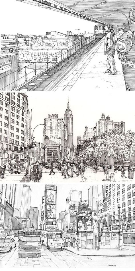 Sketchbook Ideas Drawings, Manhattan Times Square, Perspective Sketch, Perspective Drawing Lessons, Building Sketch, City Drawing, Perspective Art, Midtown Manhattan, 수채화 그림