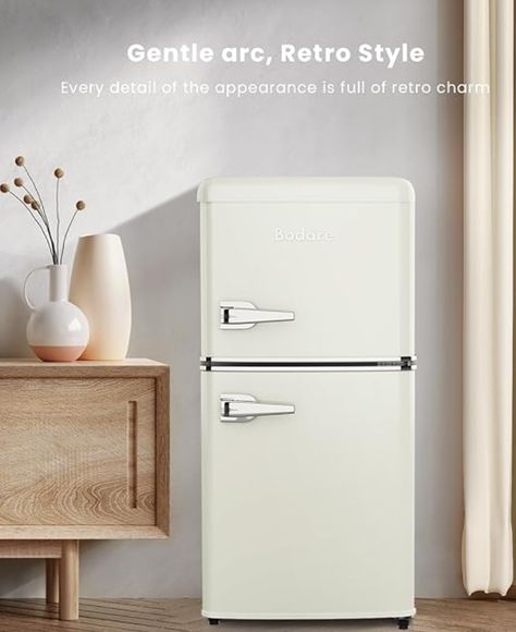 I have this exact fridge and it is adorable! Not only looks cute, but is high quality and durable. 3.2 cubic feet. The freezer and refrigerator compartments operate independently, and the vibration-resistant compressor ensures a noise level as low as 38 dB, allowing you to savor peace and tranquility in your surroundings Retro Mini Fridge, Mini Fridge With Freezer, Mini Refrigerator, Small Refrigerator, Compact Refrigerator, Dorm Essentials, Fridge Freezers, Bedroom Dorm, Mini Fridge