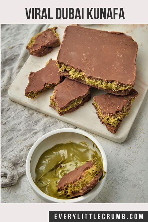 The most delicious viral Dubai chocolate, this chocolate kunafa has taken the world by storm for good reason! Just 4 ingredients and you get this crunchy pistachio filled chocolate, made so easy with a loaf pan, no mold needed! #pistachio #kunafa #chocolate #viralrecipes #dubai #dubaichocolate #chocoaltebar #chocolatebark Dubai Kunafa Chocolate, Pistachio Kunafa, Kunafa Chocolate, Pistachio Spread, Chocolate Smores, Dubai Chocolate, Chocolate Bar Recipe, Crumb Recipe, Dessert Truffles