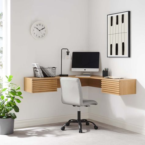 Tap into mid-century aesthetics with the Render Wall-Mount Corner Office Desk. Floating Corner Desk, Corner Office Desk, Wood Office Desk, Corner Desk Office, Corner Office, Wall Mounted Desk, Floating Desk, Wall Desk, Mid Century Modern Walls