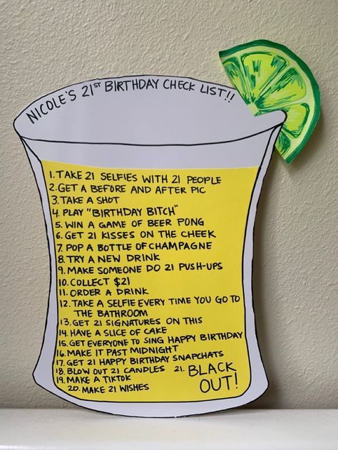 Birthday Checklist 21, 21st Birthday To Do List, 21st Birthday Preparation Checklist, 21st Birthday Bar Crawl Sign, 21 Birthday Game Ideas, 21s Birthday Ideas, 21st Birthday Checklist Ideas, Sign Night 21st Birthday List, 21st Birthday Must Haves