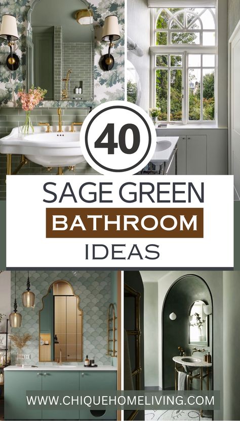 Bathroom Ideas Green And Grey, Sage Green White And Gold Bathroom, Sage Green Bathroom Ideas Decor Master Bath, Grey And Sage Bathroom Ideas, Sage Green And Marble Bathroom, Farmhouse Bathroom Sage Green, Vintage Green Tile Bathroom Update, Mint Green And Black Bathroom, Bathrooms With Green Accents