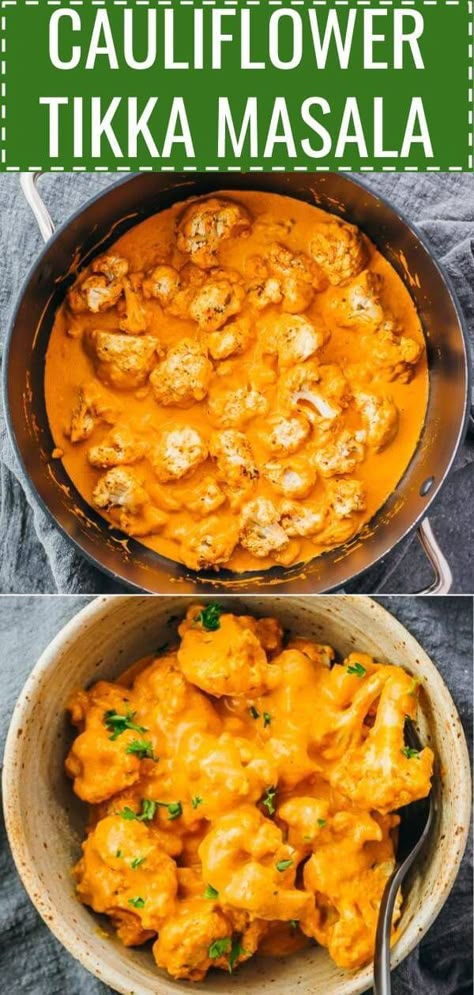 Tikka Masala de coliflor Vegetarian Tikka Masala, Cauliflower Tikka Masala, Keto And Gluten Free, Tikka Masala Vegetarian, Oven Roasted Cauliflower, Curry Recipes Vegetarian, Tikka Masala Recipe, Vegetarian Curry, Cauliflower Curry