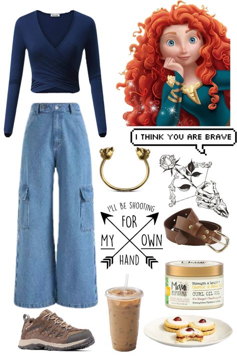 Long sleeve blue shirt paired with baggy blue jeans. Brown hiking sneakers. Gold bear cuff. Brown leather belt with gold detailing. Tattoo of a Skull hand shooting a Bow and arrow (arrow is a rose). Merida Inspired Outfits Casual, Brave Inspired Outfits, Merida Modern Outfit, Cartoon Character Inspired Outfits, Movie Character Outfits, Winx Outfits, Disney Princess Inspired Outfits, Code Dress, Disney Character Outfits