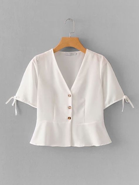 Button Front Pep Hem Blouse | SHEIN Indian Blouse Designs, Ruffle Hem Blouse, Diy Vetement, Fashion Tops Blouse, Hem Blouse, Blouse Online, Crop Blouse, White Blouse, Fashion Tops