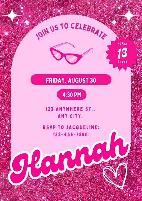 Barbie Birthday Invitation, Digital Template Download. Canva template. Printable design. #canvacreator #canvacreators #canva #canvatemplate #template #Customizable #personalized #freeprintable #printable #templatefree #canvadesign #barbie #card #invite #invitation #birthday #templates #free #girly #girl #pink #glitter #barbiethemovie #cine #feminine #glitter #fuchsia #brightness #background #party #ideas Free Barbie Birthday Invitation Templates, Barbie Theme Invitation Template, Barbie Flyer Design, Barbie Cards Birthday, Barbie Invitation Template Free Printable, Barbie Birthday Invitations Template, Barbie Themed Invitation, Barbie Birthday Invitations Free, Pink Birthday Invitations Template