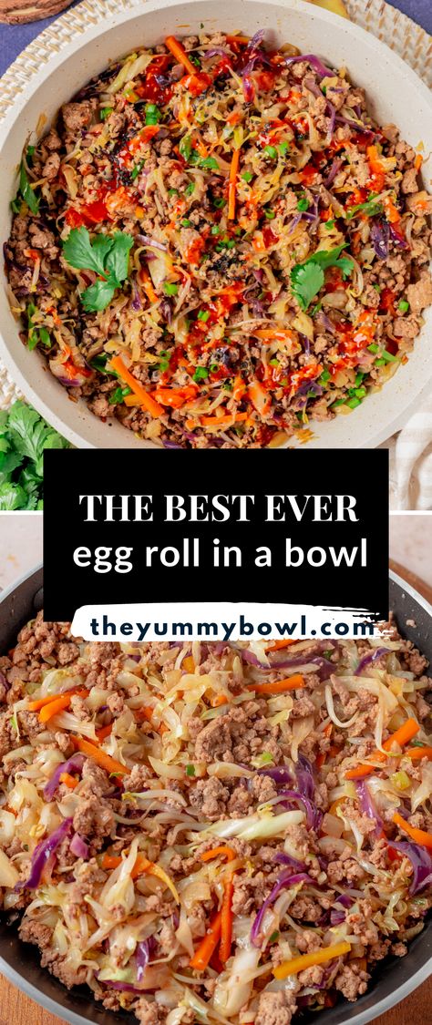 If you’re looking for a low-carb dish that’s sure to satisfy your Chinese food cravings then this Low-Carb Inside Out Egg Roll is a must-try! This healthy egg roll in a bowl is loaded with juicy and flavorful ground pork, nutritious and crunchy fresh vegetables, protein-packed mung beans, with an addictive garlicky flavor and kick of heat. Inside Out Egg Roll, Healthy Egg Roll, Vegetarian Egg Rolls, Healthy Egg Rolls, Pork Egg Rolls, Chicken Spring Rolls, Eggroll In A Bowl, Egg Roll In A Bowl, Egg Roll