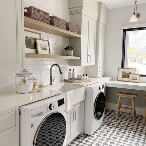 Sink Between Washer And Dryer, Between Washer And Dryer, Flat Front Cabinets, Blind Design, Transitional Laundry Room, Laundry Room Tile, Custom Laundry Room, White Laundry Rooms, White Laundry