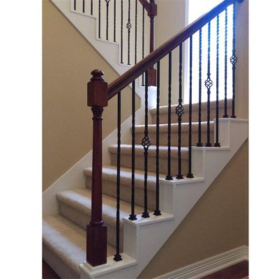 Shoes sold separately. True satin black instead of matte. Double twist iron railings measure 44" x 1/2" and are pinned at the top for easy railing installation. | BTERAZ Double Twisted Stair Railing Set 10 Pack Metal | Wayfair B07S6Q56QV Brown Railing Stairs, Metal Stair Balusters, Rod Iron Banisters And Railings, Modern Stair Rails, Iron Hand Rails For Stairs, Indoor Railings For Stairs, Iron Railings Indoor, Update Stair Railing, Indoor Stair Railing Ideas