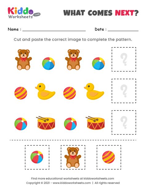 Toys Activities For Kids Worksheets, What Comes Next Worksheets, Printable Toys, Pattern Grading, Math Patterns, Pattern Worksheet, Montessori Toddler Activities, Shapes Worksheets, Visual Perception