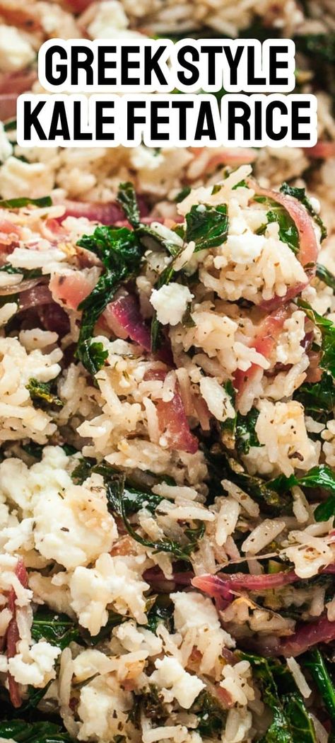 Vegetarian Recipes With Kale, Kale Rice Recipes, Rice With Feta Cheese, Rice And Kale Recipes, Mediterranean Side Dishes, Kale And Rice, Recipes With Kale, Mediterranean Rice Recipe, Kale Side Dish