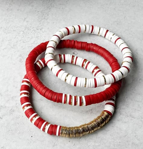 Red Game Day Bracelets Red & White With Gold Game Bracelets - Etsy Cheap Sporty Stretch Bracelet For Game Day, Red Bracelet Ideas, Christmas Bracelet Ideas, Clay Bead Bracelets Ideas, Bead Bracelets Ideas, Clay Bead Jewelry, Clay Bracelet Ideas, Make Clay Beads, Heishi Bead Bracelet