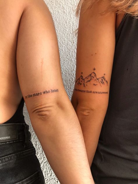 Matching tattoo inspired by a court of thorns and roses. Acotar Sister Tattoo, Matching Back Of Arm Tattoos, Acotar Couple Tattoos, Finley And Nyfain Fanart, Acotar Best Friend Tattoos, Rib Placement Tattoos For Women, Sara J Mass Tattoo, Book Best Friend Tattoos, Book Bestie Tattoos