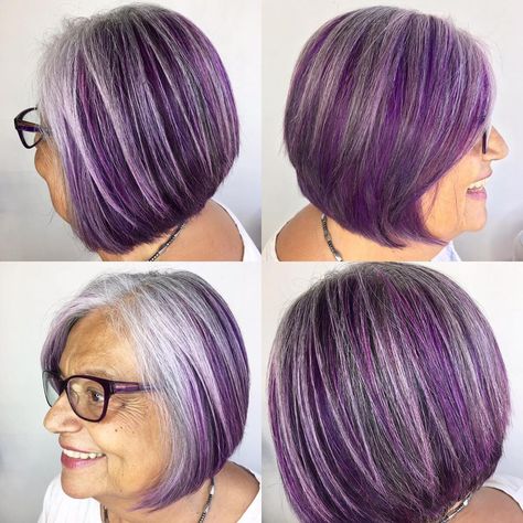 💜Playful Purple Panels • Bertha grew out her natural grey/white hair and wanted to make it a little playful, so we adding purple panel highlights #bleach  #colormelt #olaplex #hairbyjanetsalmeron @hairbyjanetsalmeron #purple #joico #tcbcutie #pulpriothair  #AmethystPurple @joicointensity #purplehair Grey Hair With Purple Highlights, Purple Natural Hair, Silver Purple Hair, Natural White Hair, Purple Grey Hair, Mommy Hairstyles, Violet Hair Colors, Purple Hair Highlights, Grey White Hair