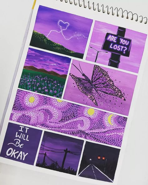 Purple Moodboard Painting, Asthetic Paintings Easy On Paper, Purple Art Aesthetic Painting, Mood Boards Drawing, Purple Aesthetic Art, Painting Hacks, Paint Collage, Aesthetic Drawings, Whimsical Art Journal