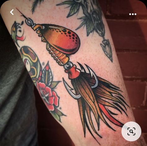 American Traditional Fishing Lure Tattoo, American Traditional Bass Tattoo, Traditional Fishing Lure Tattoo, Fishing Traditional Tattoo, American Traditional Fishing Tattoo, Narrow Traditional Tattoo, Fishing Tattoos Men, Fishing Lure Tattoo For Men, Traditional Hunting Tattoo