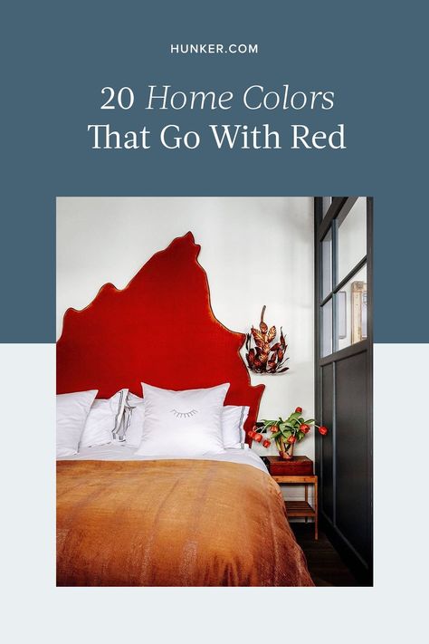 Ahead is an array of inspired colors that go with red and the lessons we've learned from each. #hunkerhome #reddecor #redhomedecor #redwallideas Red Accent Furniture, Colors That Compliment Red, Red Walls Bedroom, Colors That Go With Red, Decorating With Red, Office Color Palette, Red Appliances, Red Accent Wall, Red Comforter