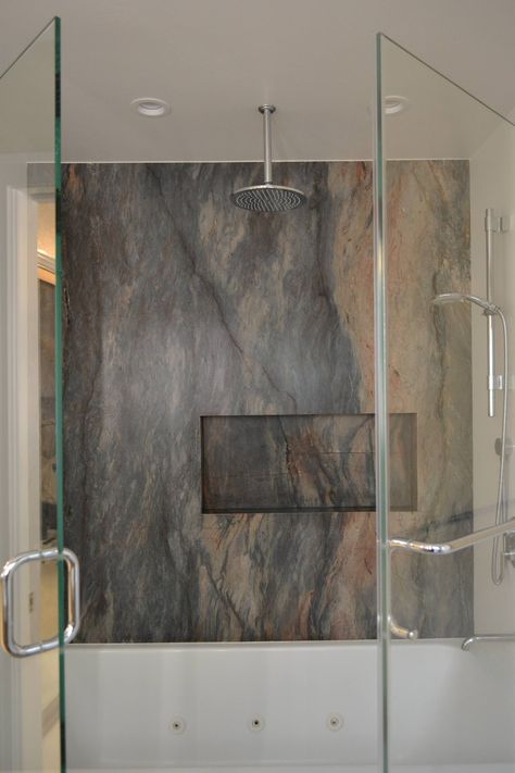 Granite Slab Accent Walls - Contemporary - Bathroom - San Francisco - by Vision Design | Houzz Large Slab Shower Tile, Porcelain Slabs Shower Walls, Full Slab Shower Walls, Quartz Slabs For Shower Walls, Granite Slab Shower Wall, Vision Design, Space Place, Contemporary Bathroom, Accent Walls