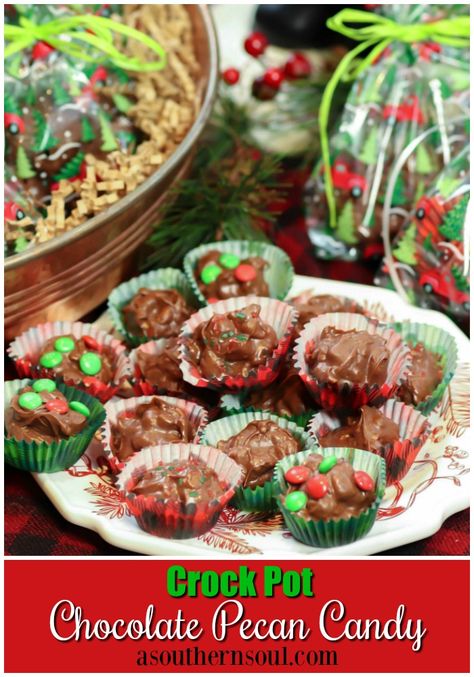 Make this Crock Pot Chocolate Pecan Candy to share this holiday season. This sweet treat, made in no time, makes an excellent gift for teachers, neighbors and the special people who’ve helped you out during the year! #asouthernsoul #christmascandy #holidaytreats #crockpot #easyrecipe #foodgifts #chocolatecandy #christmasgifts Crockpot Chocolate Candy, Crockpot Chocolate, Crockpot Candy Recipes, Pecan Candy, Slow Cooker Christmas, Crockpot Candy, Recipes Holiday, Cookies Bars, Christmas Candy Recipes