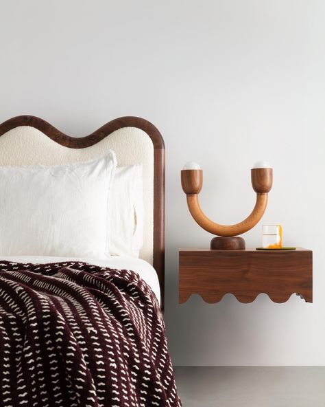 Waiting patiently for the weekend… . Walnut floating Squiggle Nightstand | Squiggle Bed | Macaroni table light— all made in our studio by… | Instagram Wavy Bed, Wavy Headboard, Hillside House, Waiting Patiently, Floating Bed, Bamboo Bedding, Table Light, Bedroom Designs, Home Trends