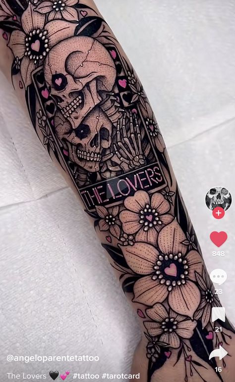 Non Hodgkins Tattoo, Halloween Tattoos Sleeve, 2023 Tattoo, Feminine Skull Tattoos, Catrina Tattoo, Lovers Card, Tarot Tattoo, Tarot Card Tattoo, Skull Sleeve Tattoos