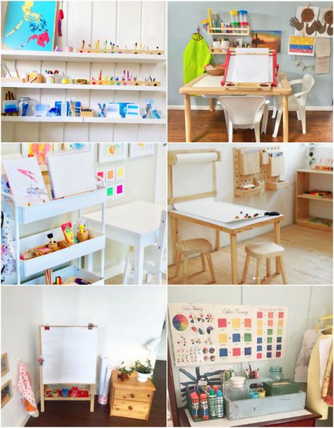 Real Montessori Art Shelves - at Home and School - how we montessori Montessori Art Supply Storage, Montessori Art Corner, Art Corner Kindergarten, Montessori Art Station, Toddler Art Station, Montessori Art Shelf, Kids Art Area, Kids Art Corner, Counselling Office