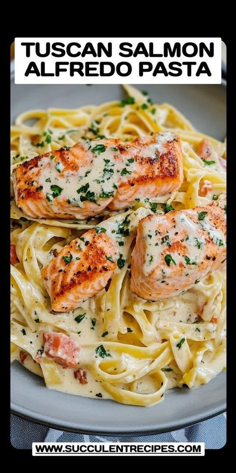 A one-pot wonder! Creamy Alfredo sauce, tender fettuccine, and flavorful salmon come together in this Tuscan-inspired dinner. Fresh Tuna Pasta Recipes, Alfredo Pasta Ideas, Smoked Salmon Fettuccine, Salmon And Shrimp Alfredo Pasta, Salmon With Alfredo Pasta, Baked Salmon Pasta Recipes, Fetuccini Alfredo Recipes, Salmon And Alfredo Pasta, Salmon Dinner Ideas Pasta