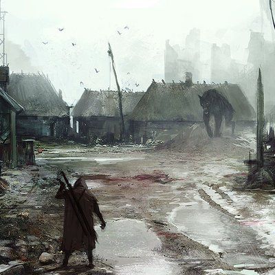 Jakub Rozalski, Giant Wolf, Glowing Embers, Robot Suit, Werewolf Art, Work Meeting, 다크 판타지, Fantasy Setting, Fantasy Concept Art