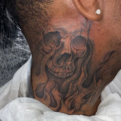 Good Neck Tattoos For Men, Unique Side Neck Tattoos, Small Men Neck Tattoos, Men Black Tattoo, Side Neck Tattoos For Men Design, Skeleton Neck Tattoo, Inside Shoulder Tattoo Men, Face Tat Ideas, Vamp Tattoo Ideas