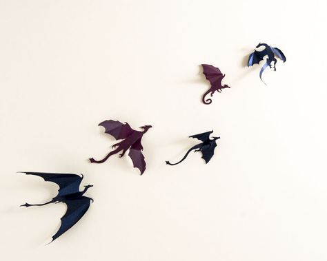 I Make 3D Paper Wall Decorations To Fix Boring, Flat Walls Dragon Themed Bedroom, Dragon Room, Game Of Thrones Decor, Dragons Tattoo, Game Of Thrones Gifts, Dragon Wall Art, Wall Clings, Dragon Silhouette, Dark Blue Walls