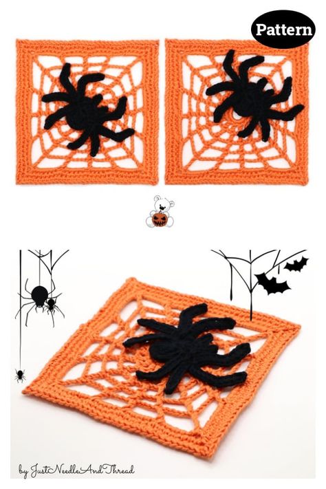 Crochet Spider Web Square, Spider Web Granny Square Pattern, Crochet Mini Spider, Halloween Crochet Squares, Spiderweb Granny Square, Spiderweb Crochet Pattern, Spider Web Granny Square, Spider Granny Square, Bat Granny Square