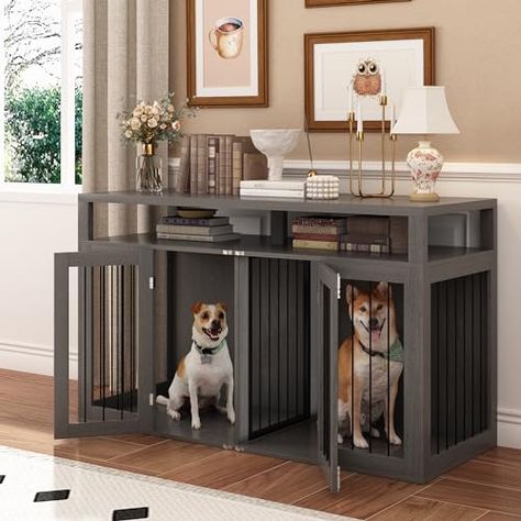 Large Dog Crate Furniture for 2 Dogs, 55" Farmhouse Dog Kennel with Removable Room Divider, Dog Crate TV Stand with Solid Metal Tube & 2 Lockable Doors, Heavy-Duty Double Cage Dog, Washed Gray Dog Crate Tv Stand, Crate Tv, Farmhouse Dog Kennel, Large Dog Crate Furniture, Crate Tv Stand, Double Dog Crate, Wooden Dog Crate, Large Dog Crate, Dog Crate Furniture