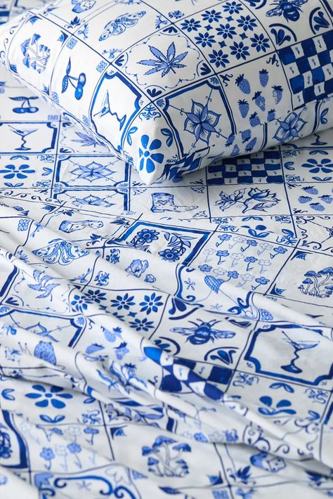 Mariana Tile Sheet Set | Urban Outfitters Blue Pattern Sheets, Whimsical Icons, Fun Sheets, Twin Xl Sheets, Australia Clothes, Bedding Essentials, Twin Sheets, Queen And King, King Sheet Sets